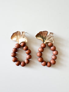 Brass Gingko and Brown Wood Earrings