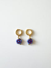 Load image into Gallery viewer, Vintage Blue and Pink Floral Huggie Earrings