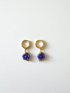 Vintage Blue and Pink Floral Huggie Earrings