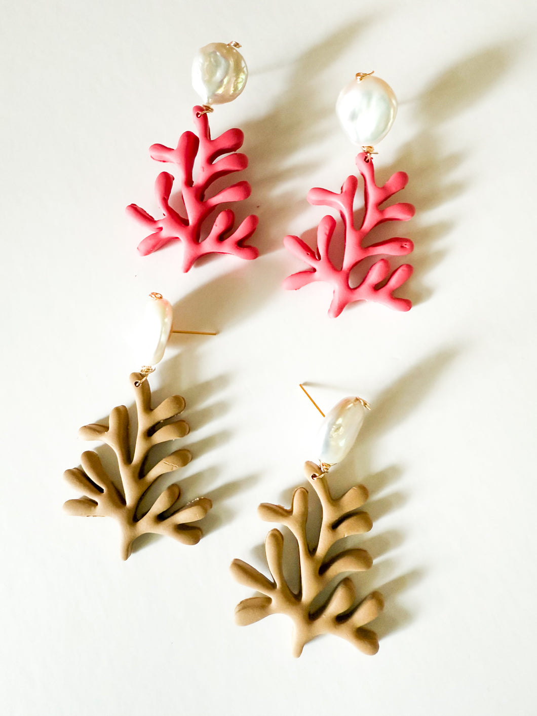 Freshwater Pearl and Coral Clay Earrings