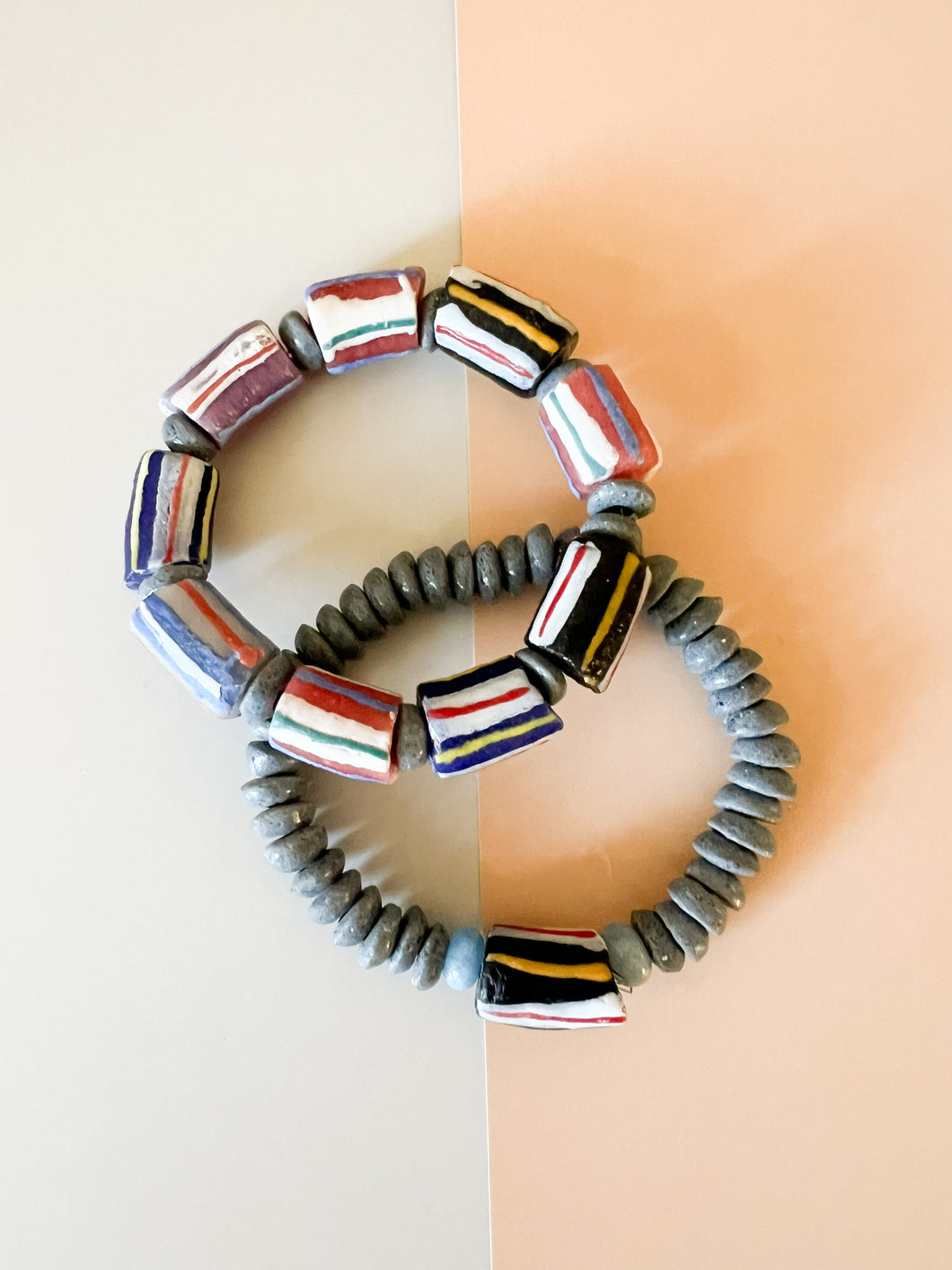 Striped Krobo Glass with Gray Discs Bracelet