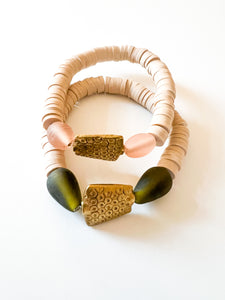 Brass with Sea Glass and Tan Clay Bracelet