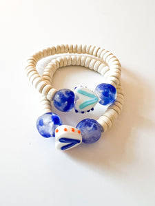 White Heart with Sea Glass and Wood Bracelet