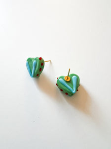 Green and Turquoise Glass Heart Post Earrings