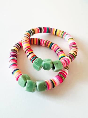Green Ceramic and Pink Confetti Clay Bracelet