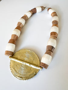 Inlaid Wood and Bone Brass Pendant Necklace