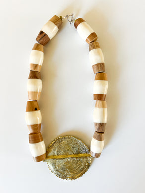 Inlaid Wood and Bone Brass Pendant Necklace