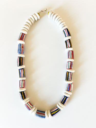 Striped Krobo Glass with White Discs Necklace