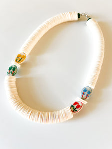 Recycled Ivory Vinyl and Floral Ceramic Necklace