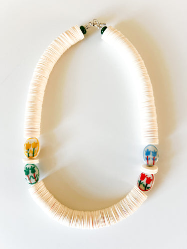 Recycled Ivory Vinyl and Floral Ceramic Necklace