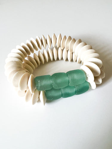 White Wood Discs with Aqua Sea Glass Bracelet