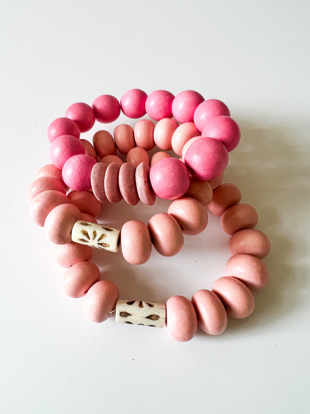 Pink Wood and Glass or Bone Bracelet