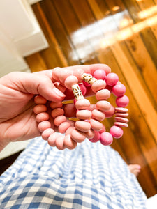 Pink Wood and Glass or Bone Bracelet