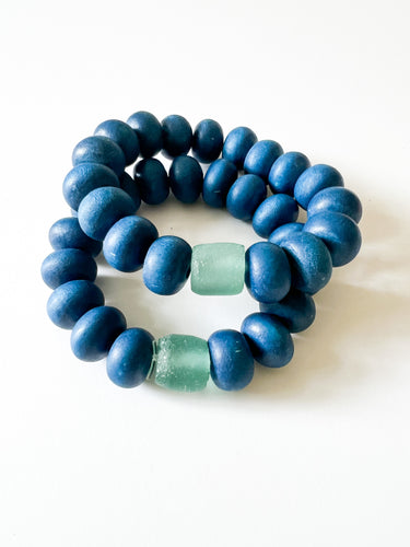 Navy Wood with Aqua Sea Glass Bracelet