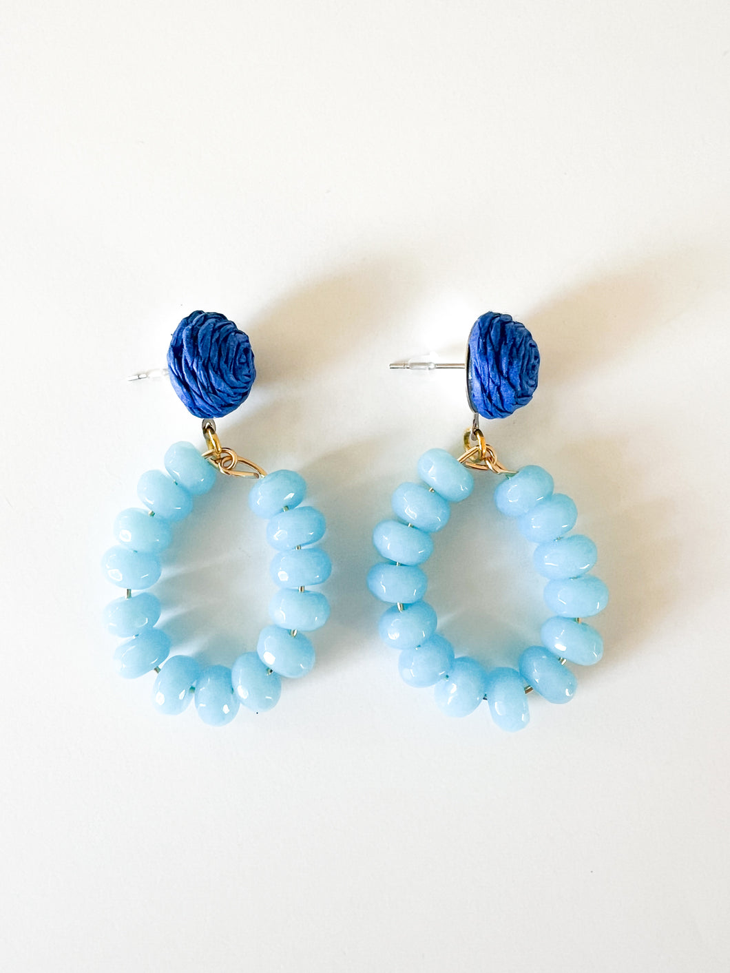 Blue Raffia with Sky Blue Gemstones Earrings