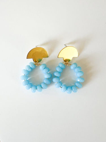 Half Moon Brass and Sky Blue Gemstones Earrings