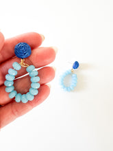 Load image into Gallery viewer, Blue Raffia with Sky Blue Gemstones Earrings