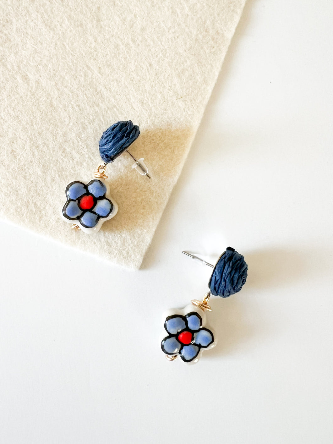 Mix of Blues Raffia and Ceramic Floral Earrings