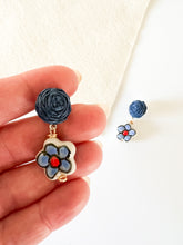 Load image into Gallery viewer, Mix of Blues Raffia and Ceramic Floral Earrings