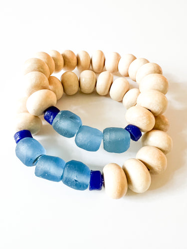 Mix of Blues Sea Glass and Natural Wood Bracelet