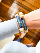 Load image into Gallery viewer, Mix of Blues Sea Glass and Natural Wood Bracelet