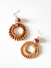 Load image into Gallery viewer, Coral and Sky Blue Glass and Rattan Drop Earrings