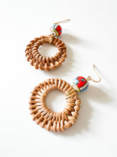 Load image into Gallery viewer, Coral and Sky Blue Glass and Rattan Drop Earrings