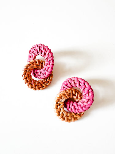 Magenta Hand Painted Rattan Circle Earrings