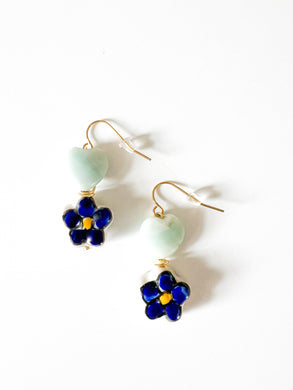 Gemstone Heart and Blue Ceramic Floral Drop Earrings