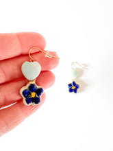 Load image into Gallery viewer, Gemstone Heart and Blue Ceramic Floral Drop Earrings