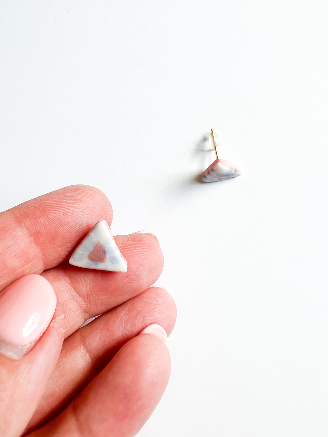 Petal Pink and Sky Blue Ceramic Triangle Post Earrings