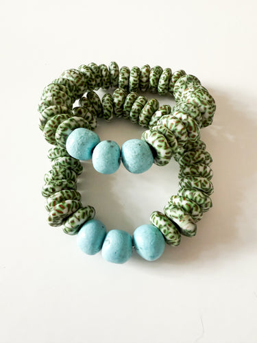 Turquoise Clay and Speckled Green Glass Bracelet