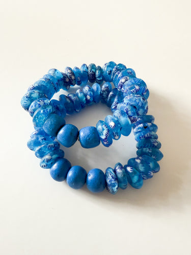 Mix of Blues Recycled Glass and Clay Bracelet