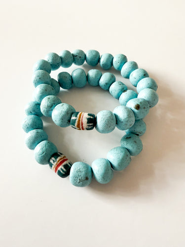 Recycled Green Glass and Turquoise Pottery Bracelet