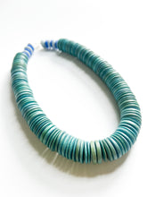 Load image into Gallery viewer, Teal Wood Disc and Recycled Glass Necklace