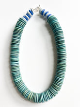 Load image into Gallery viewer, Teal Wood Disc and Recycled Glass Necklace