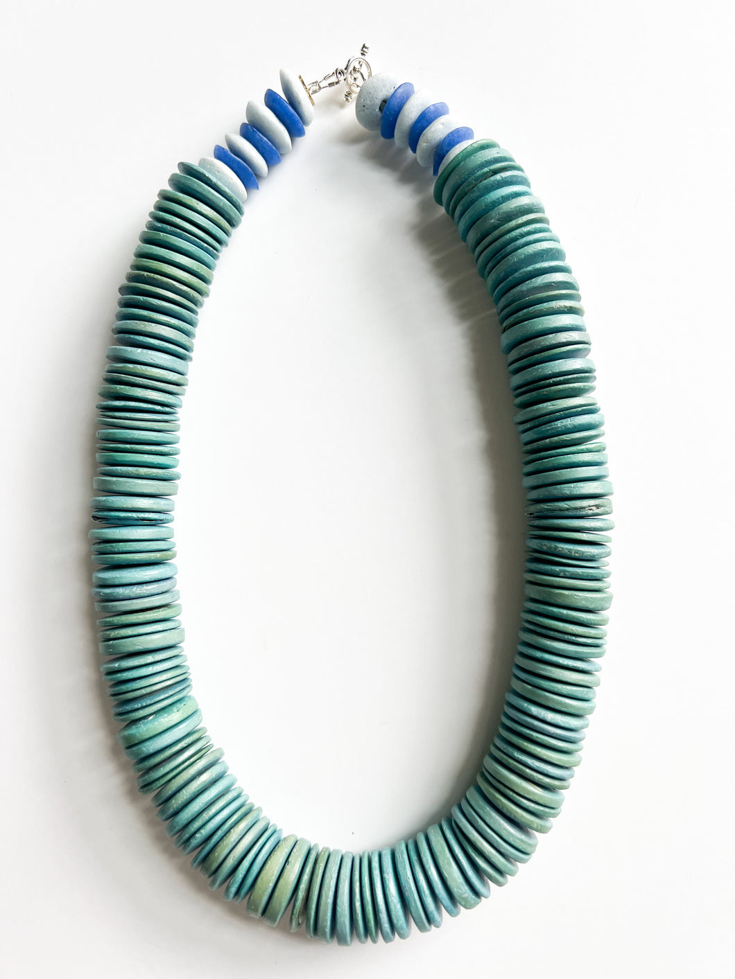 Teal Wood Disc and Recycled Glass Necklace