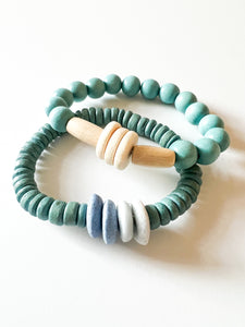 Turquoise and a mix of Natural Wood and Glass Bracelet