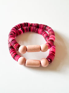 Mix of Pink Wood and Glass Disc Bracelet