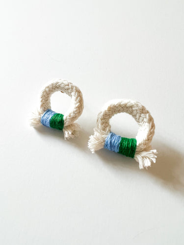 Sky Blue and Grass Green Wrapped Cotton Round Earrings