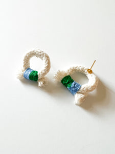 Sky Blue and Grass Green Wrapped Cotton Round Earrings