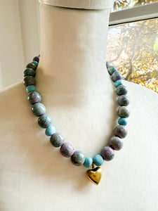 Mix of Blues Vintage Brass Heart Necklace