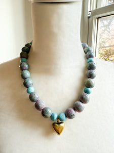 Mix of Blues Vintage Brass Heart Necklace