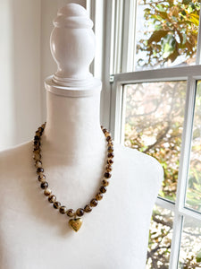 Seed Bead with Vintage Brass Heart Necklace