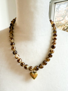 Seed Bead with Vintage Brass Heart Necklace