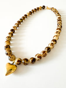 Seed Bead with Vintage Brass Heart Necklace