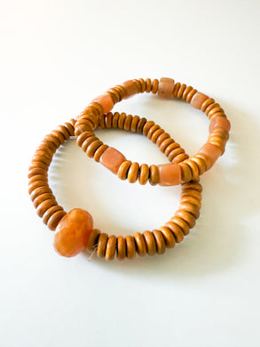Vintage Peach Gemstone and Wood Disc Bracelet