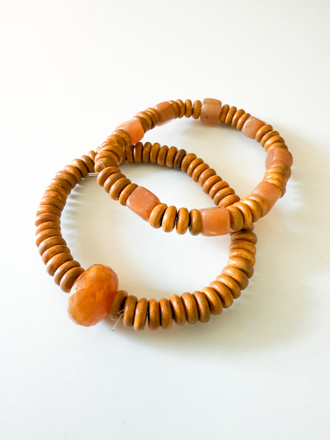 Vintage Peach Gemstone and Wood Disc Bracelet