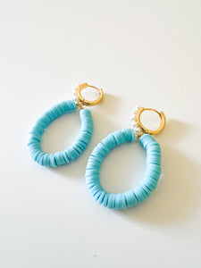 Sky Blue Clay and Pearl Huggie Hoop Earrings