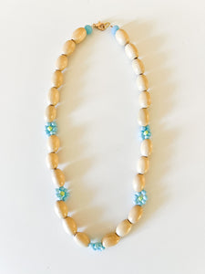 Turquoise Daisies with Natural Wood Necklace